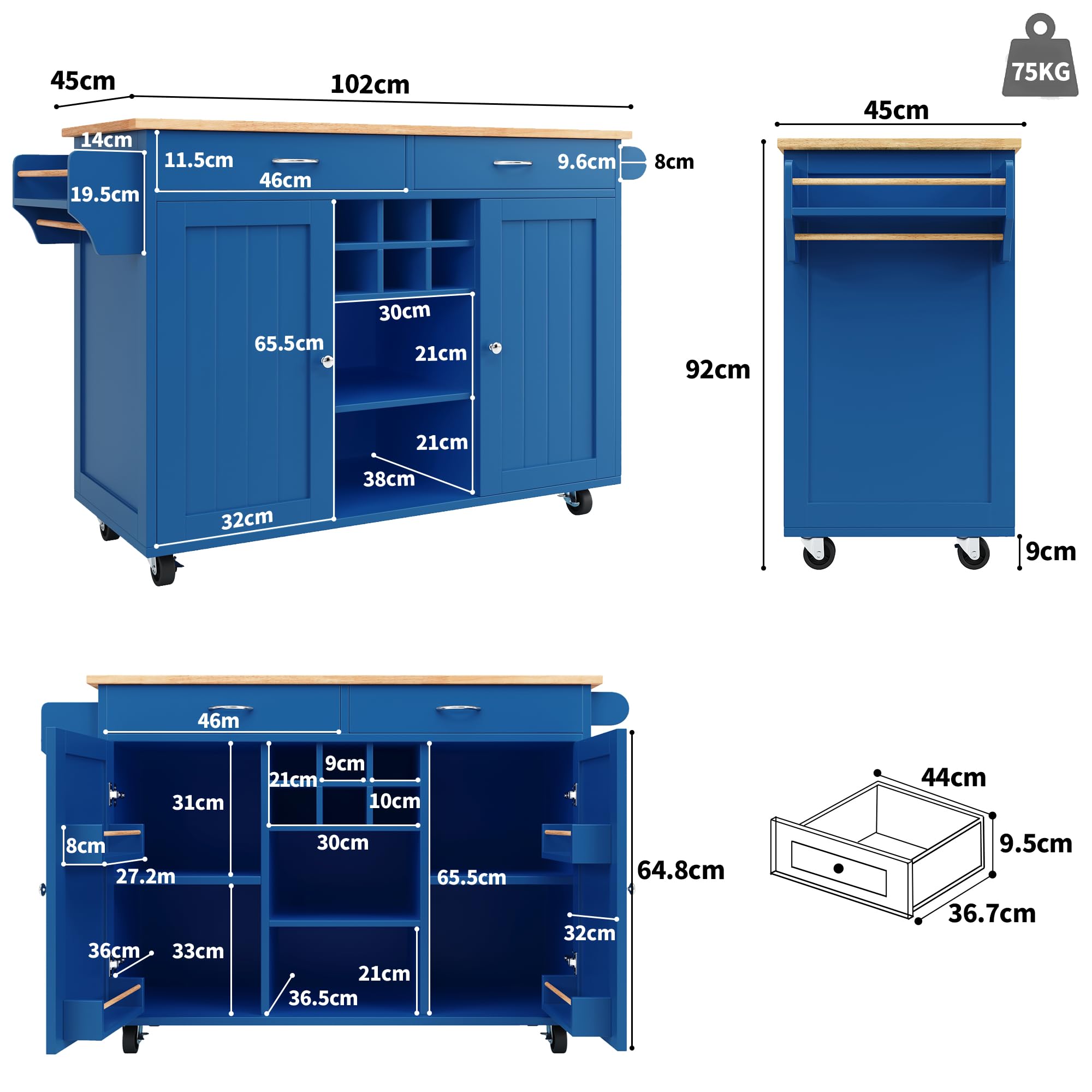 Kücheninsel(102×45×92cm), Küchenschrank, Buffetschrank, Speisewagen mit Holzmaserung, Multifunktionale Esstisch mit Speicherraum, Blau
