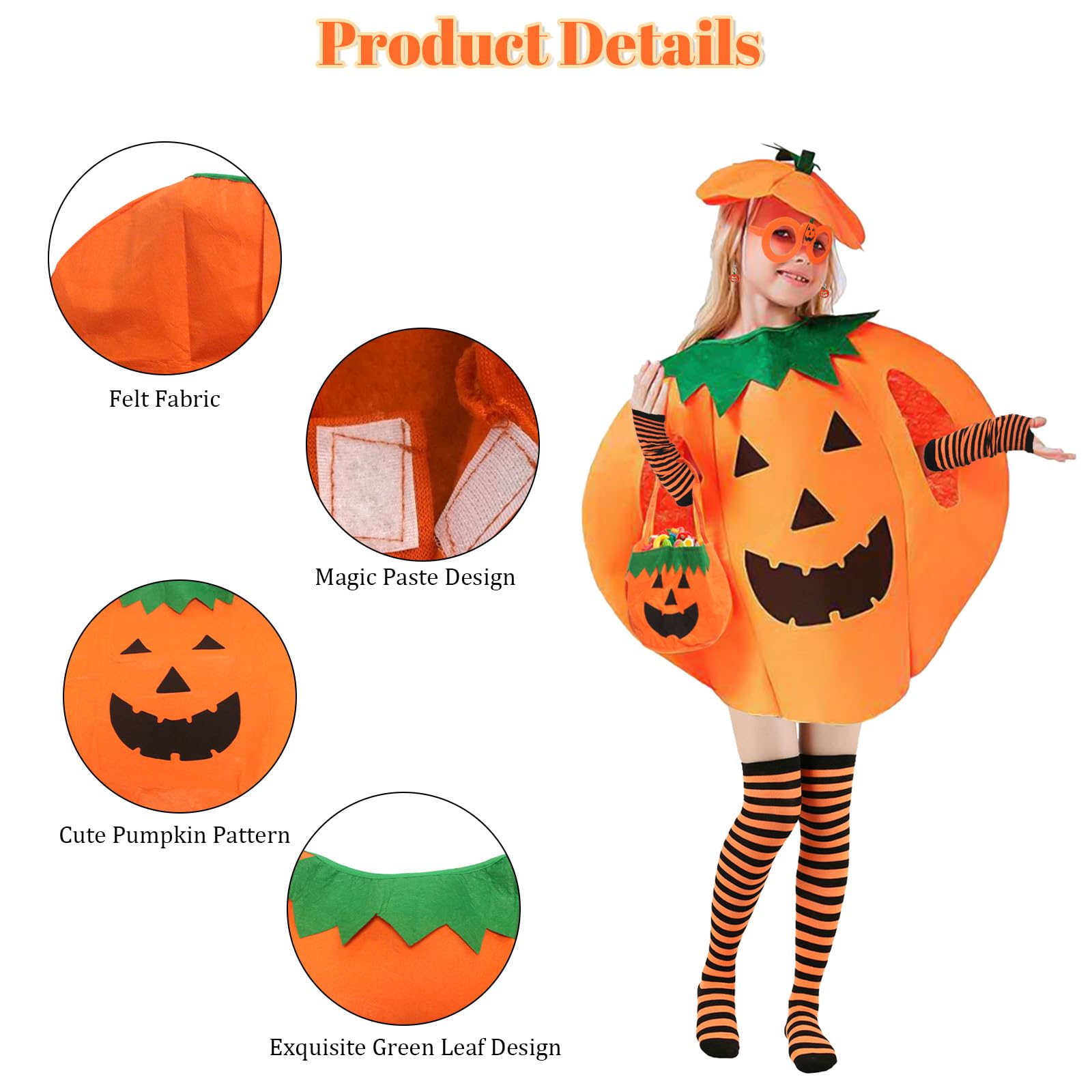 MAINOSHY Halloween Pumpkin Costume with Pumpkin Hat Candy Bag Striped Tights Stockings Striped Gloves Halloween Party Fancy Dress Clothes Outfits for Halloween Dress Up Party - Image 4