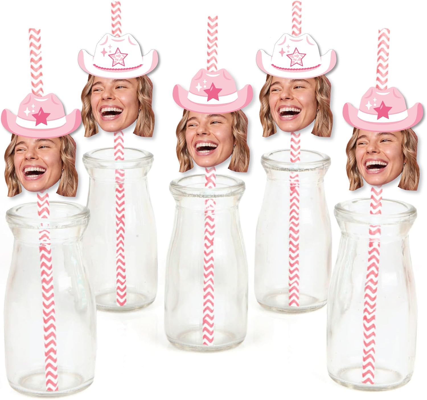 Big Dot of Happiness Custom Photo Last Rodeo - Pink Cowgirl Bachelorette Party Fun Face Paper Straw Decor - Set of 24