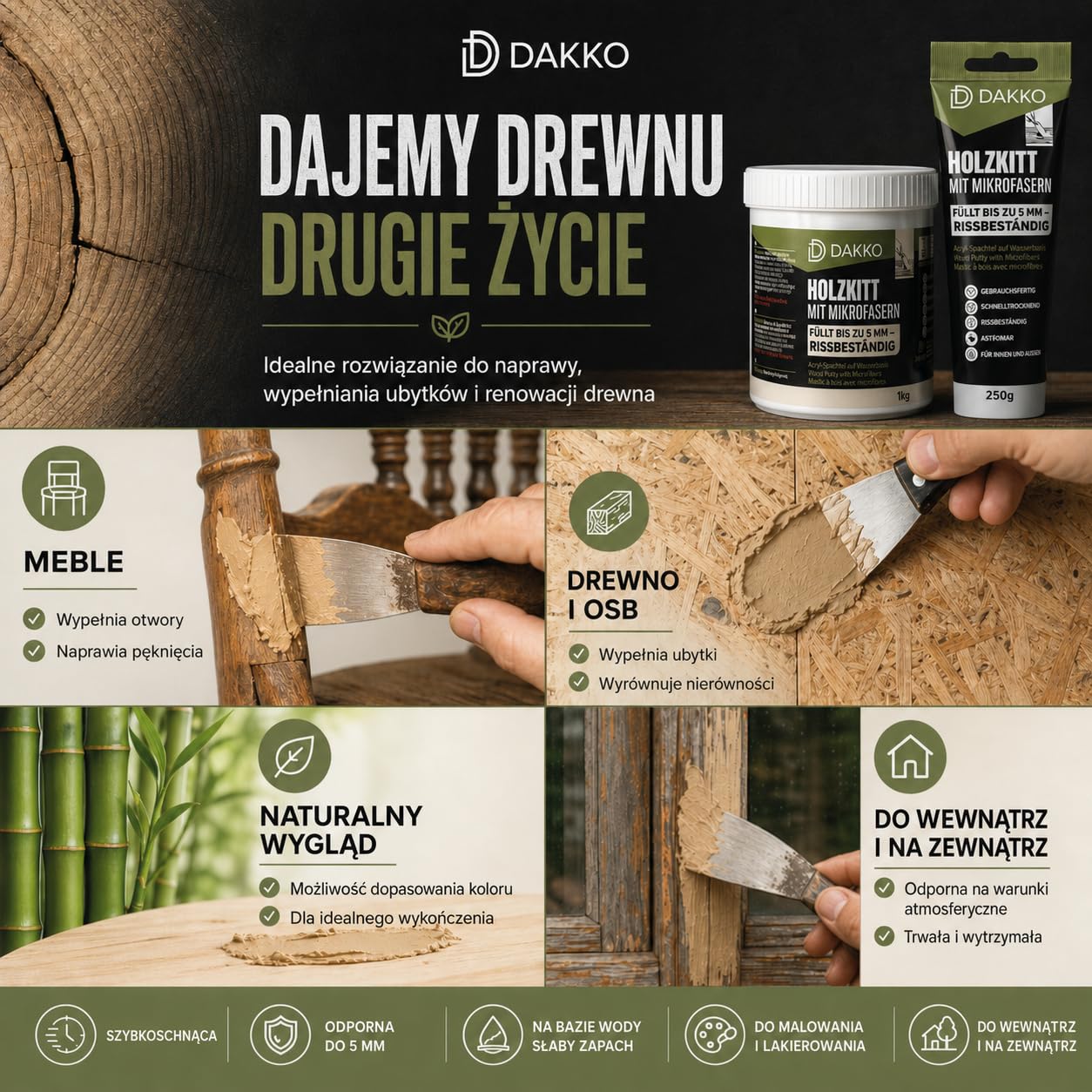 DAKKO Szpachlówka do drewna, 250 g Jasna Sosna - masa szpachlowa do drewna z mikrowłóknem bambusowym, do naprawy mebli, drzwi i pęknięć, do środka i na zewnątrz, szybkoschnący, odporny na pękanie