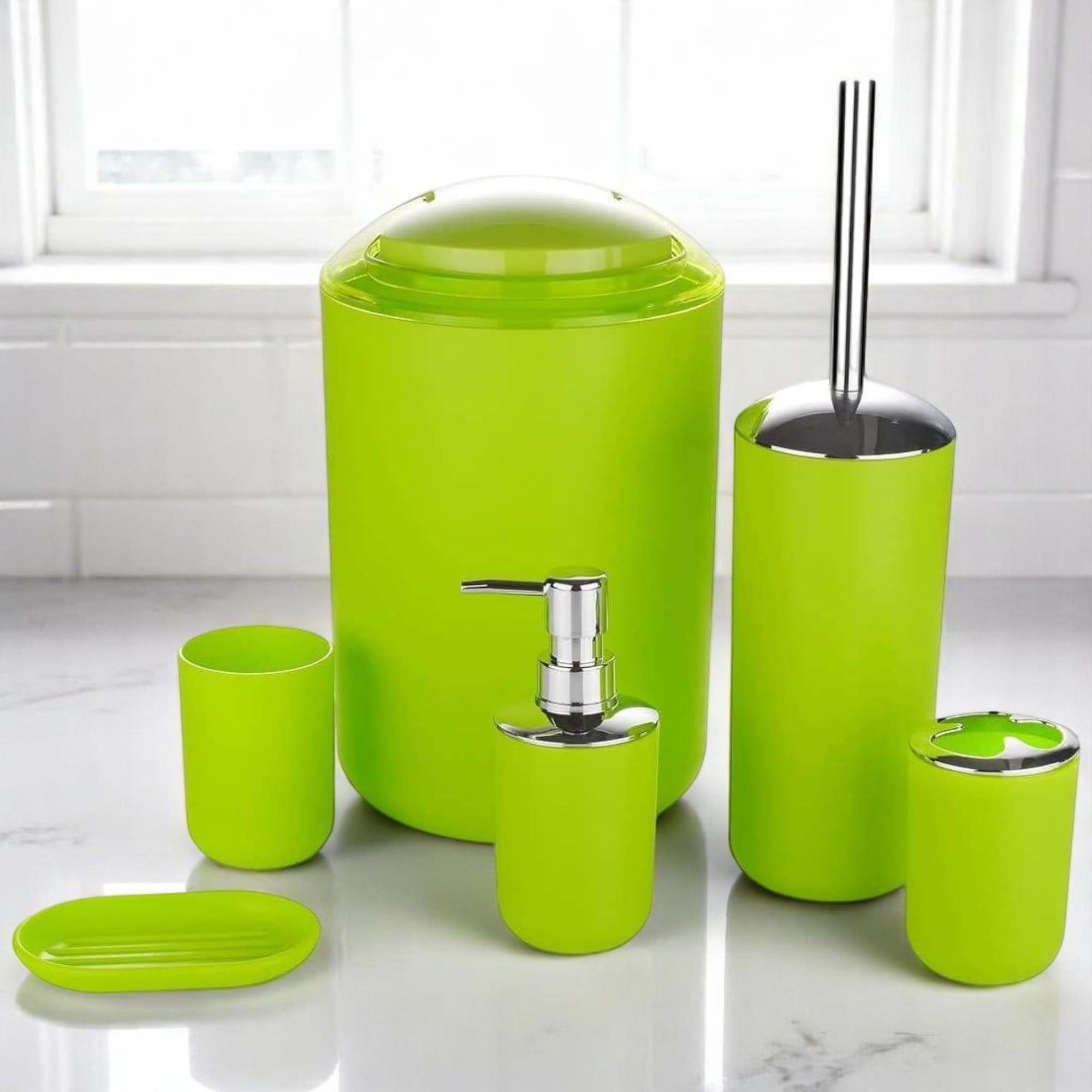 GMMH – Set di 6 accessori da bagno, con dispenser per sapone, porta saponetta e scopino per WC (modello 3, verde)