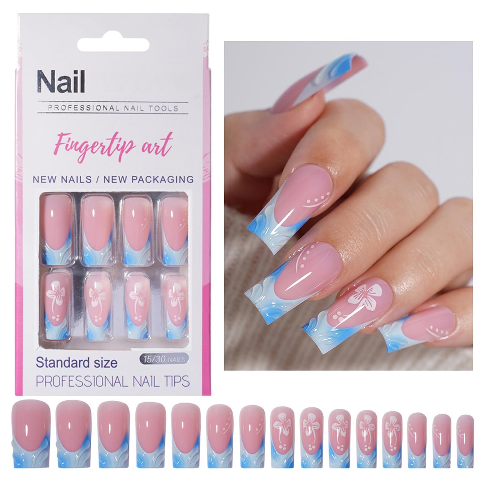 Falsche Nägel Mit Blumen-Druck – Rosa, Glänzend, French Look – 24 Stück + Kleber – Volle Abdeckung Acrylnägel