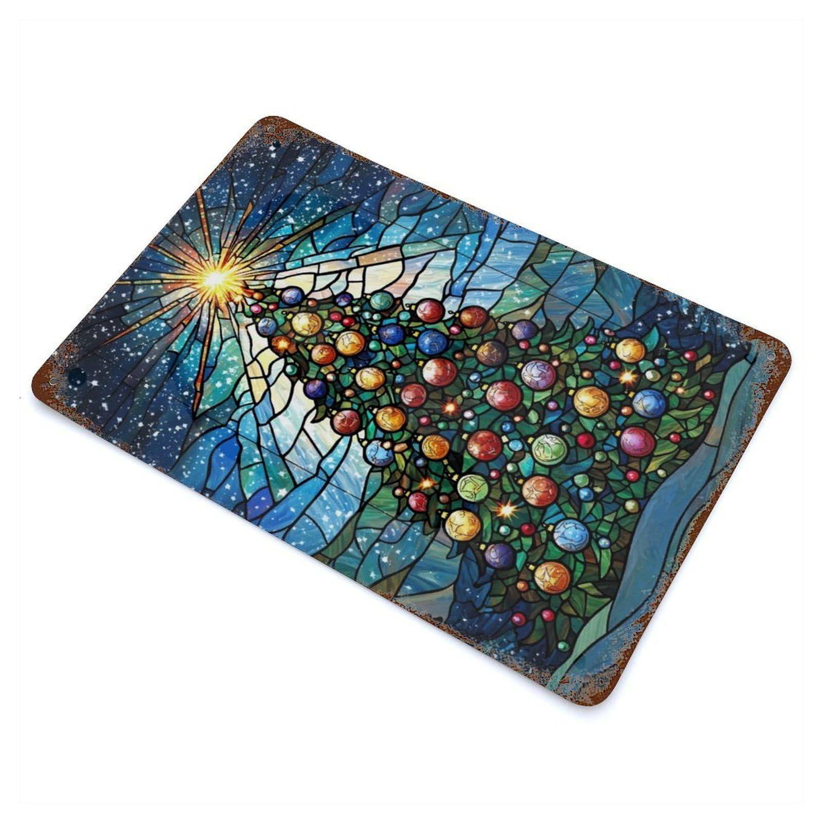 Garage Style Stained Glass Christmas Tree Distressed Metal Wall Sign 11.8"x7.9", Novelty Wall Decor for Bar And Workshop