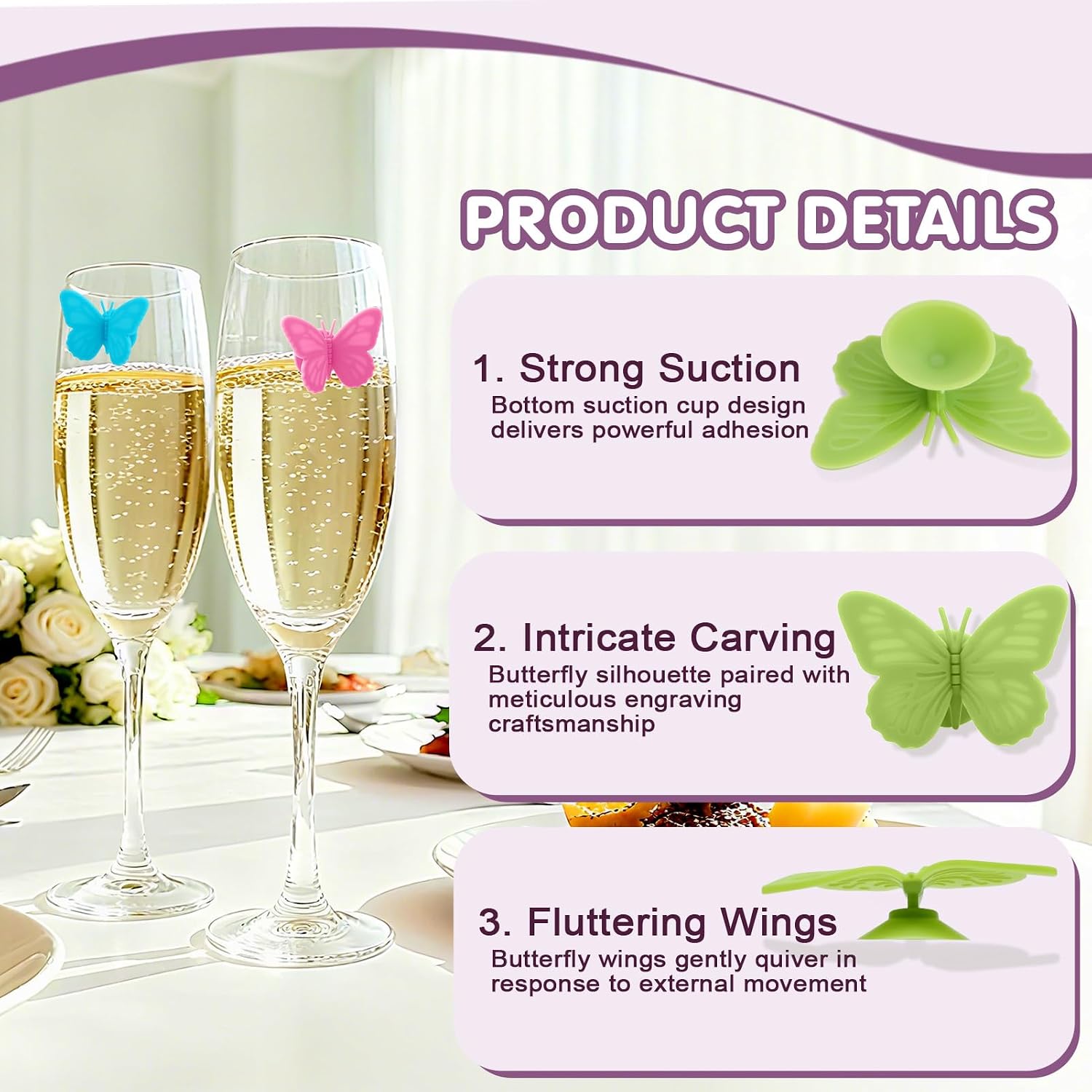VINGVO 12Pcs Silicone Wine Glass Charms, Butterfly​ Drink Markers, Reusable Glass Identifier Charms for Parties, Weddings, Events