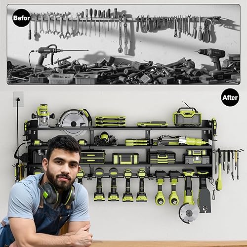 Miniatura 5 de Soporte de taladro inalámbrico para 12 unidades, organizador grande de herramientas eléctricas, soporte de pared con tablero de clavijas lateral y