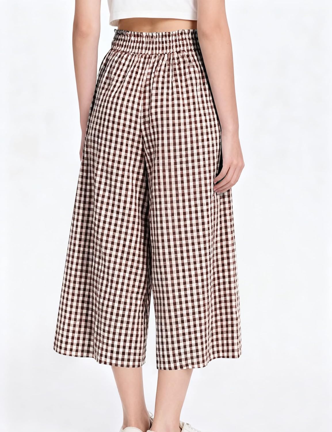 Rapbin Wide Leg Capri Pants for Women Gingham Striped Culottes Flowy Elastic Waist Cropped Palazzo Pants with Pockets - Image 3