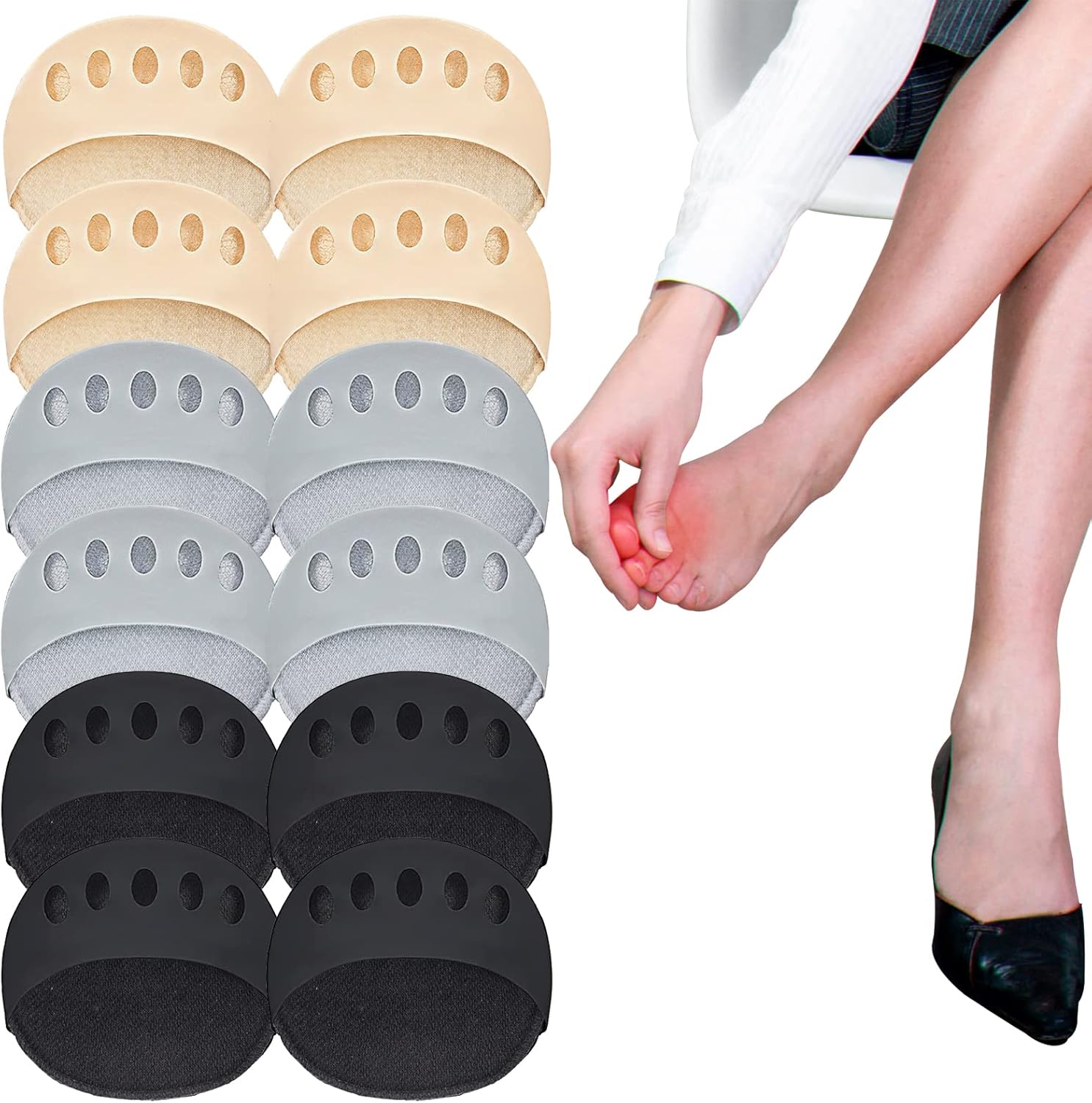 TAGVO 6 Pares Cojines de Antepié Almohadillas de Pie Mujer,Almohadillas el Antepié del Talón Alto,Almohadillas Metatarsianas,Transpirable Que Absorbe el Sudor Reutilizables, para dolor en el Antepié