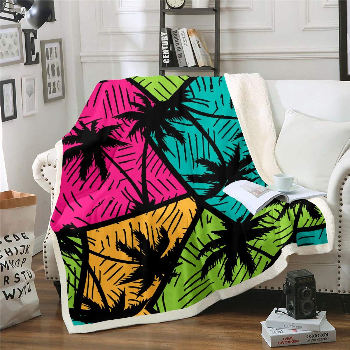 Coperta In Pile Sherpa Con Stamapa Foglie Di Palma 76x101 Cm - Plaid Tropicale Verde Per Divano, Leggera E Morbida, Regalo Hawaii