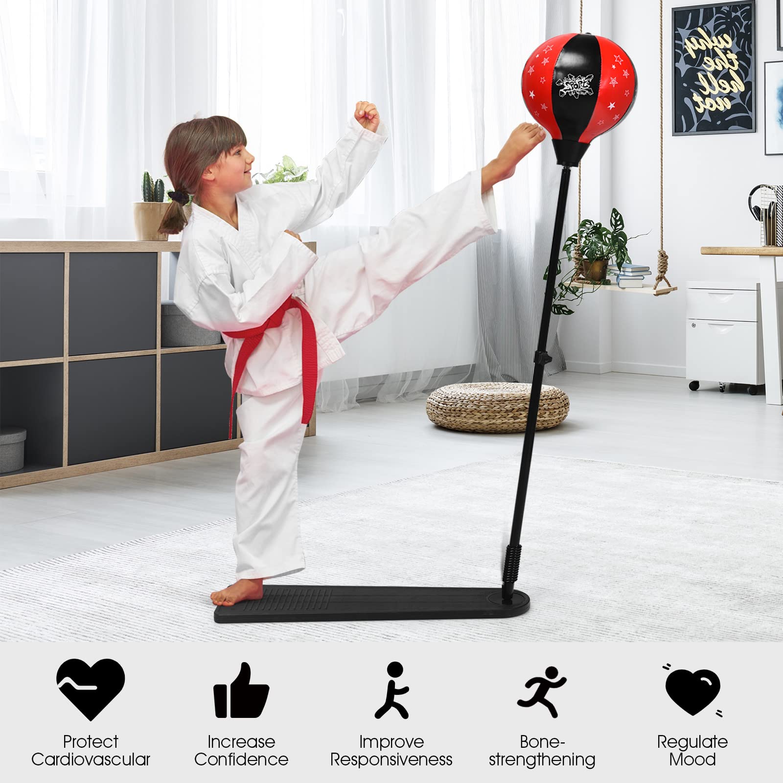 GYMAX Juego de Boxeo 85-130 cm Regulable en Altura, Set de Boxeo con Guantes y Bomba, Soporte de Boxeo con Pedal Antideslizante, Saco de Boxeo Fijo para Niños y Adolescentes a Partir de 8 Años