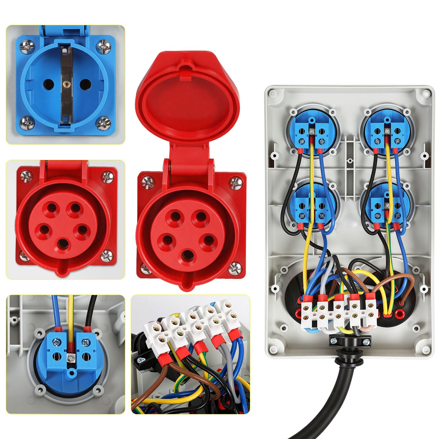 CEE Stromverteiler 16A, 4 Schuko, 2 CEE, 2,5 m Kabel | Tragegriff und verriegelbares Gehäuse für schnellen Ortswechsel und geordnete Stromverteilung