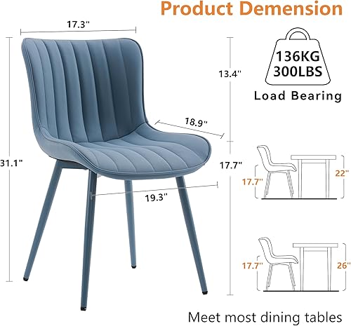 Miniatura 2 de YOUNUOKE Mid-Century - Juego de 2 sillas de comedor modernas tapizadas de piel sintética azul con patas de metal azul, silla decorativa sin brazos