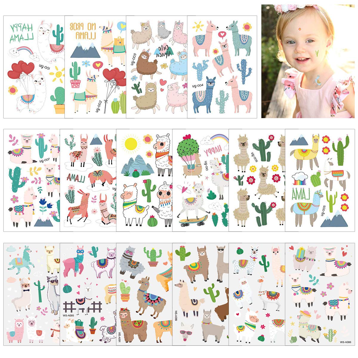 Cieovo 16 sheets Llama Party Temporary Tattoos, Alpaca Cactus Art Stickers for Kids Cactus Drama Llama Tattoos Baby Shower Birthday Party Supplies Favors