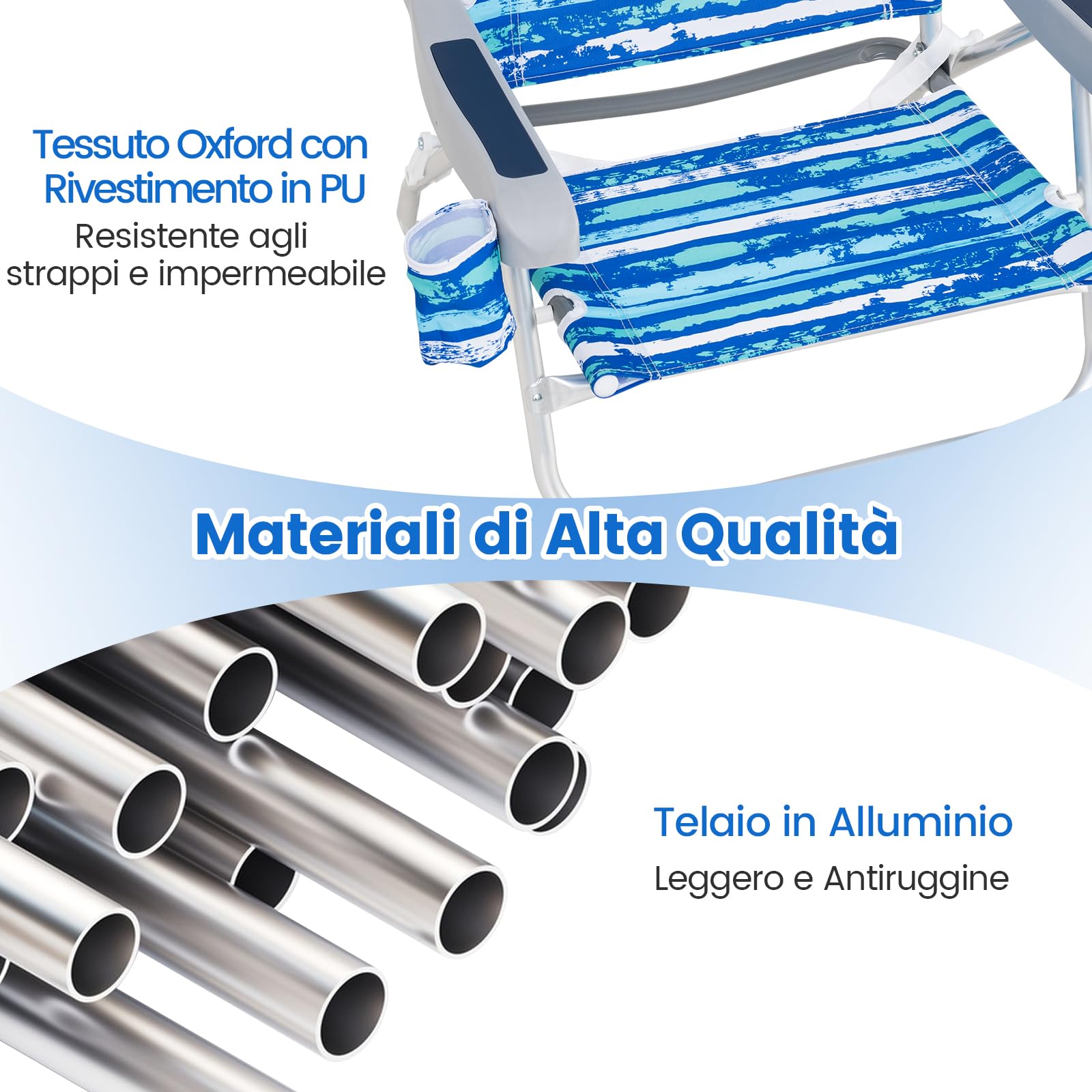 COSTWAY Set di 2 Sedie Pieghevoli da Spiaggia, Sdraio Regolabile 5 Posizioni, Portata 150 kg Blu