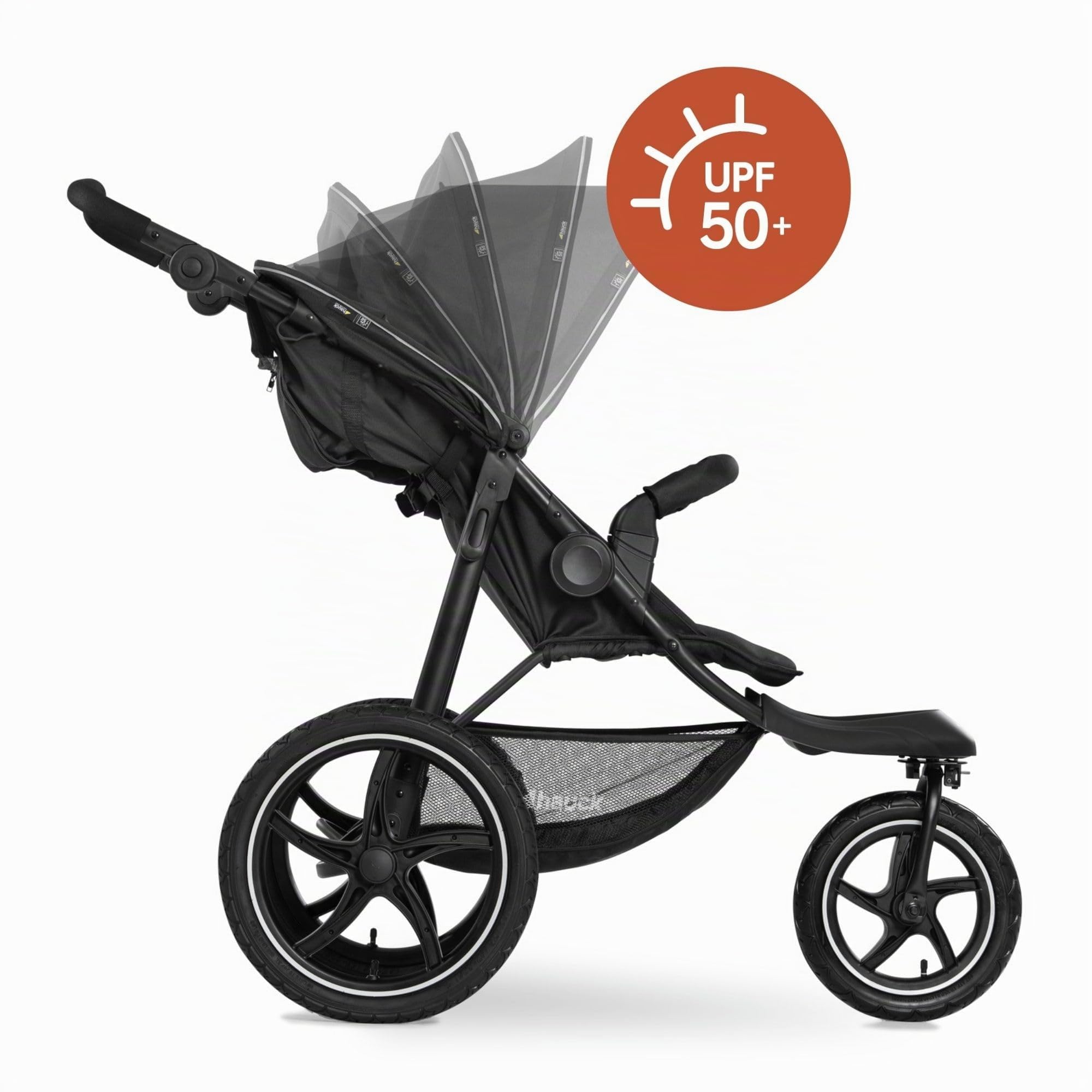 hauck Poussette 3 Roues Runner 2 Tout Terrain avec Grandes Roues Gonflables, Suspension, UV 50+, Position Allongée, Fenêtre XL, Guidon Réglable, Pliable, Jusqu’à 22 kg, Noir