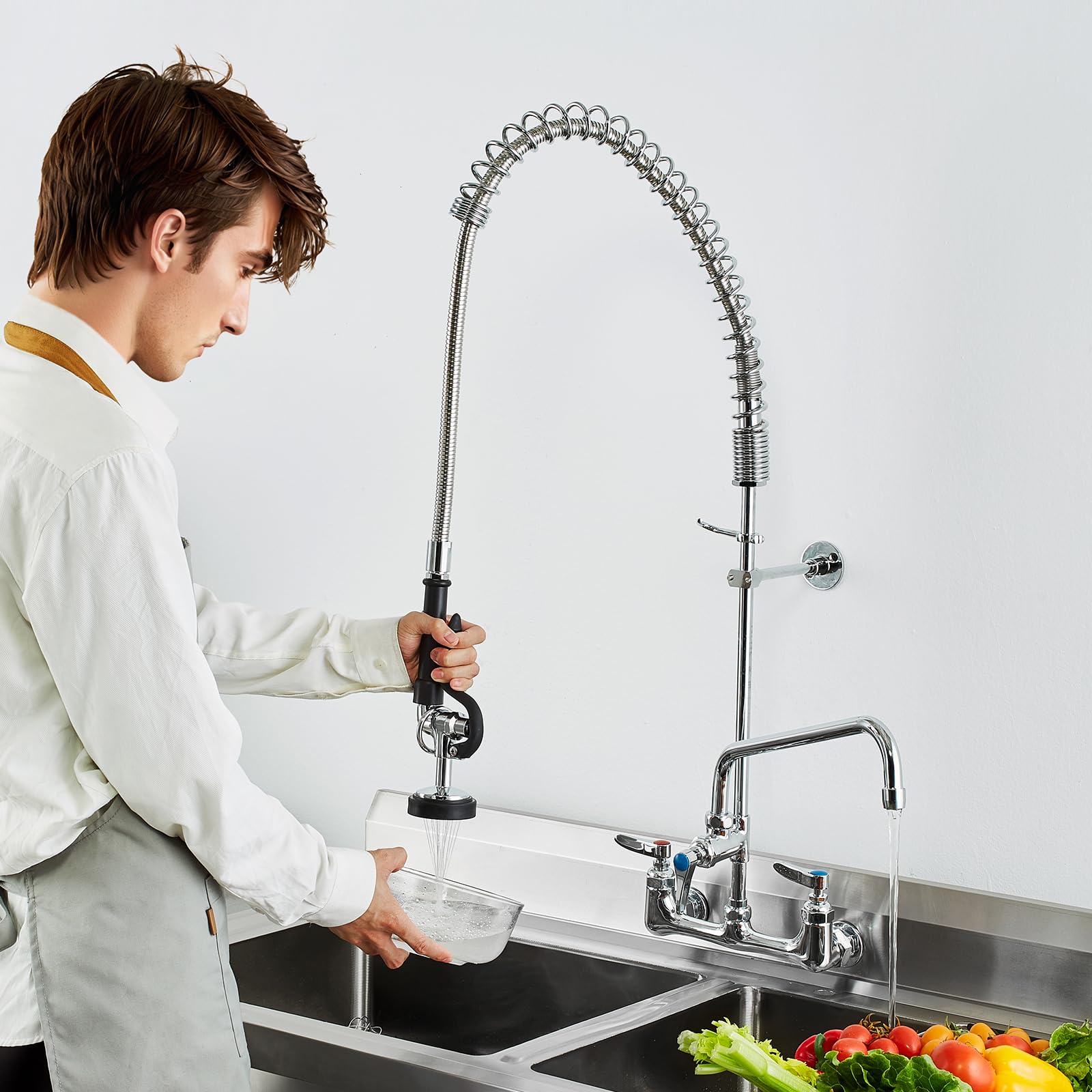 VEVOR Grifo Comercial con Rociador de Preenjuague, 91,44 cm de Altura, 20,32 cm de Centro, Caño Oscilante, Grifo para Fregadero de Cocina de Montaje en Pared, Dispositivo Construido en Latón