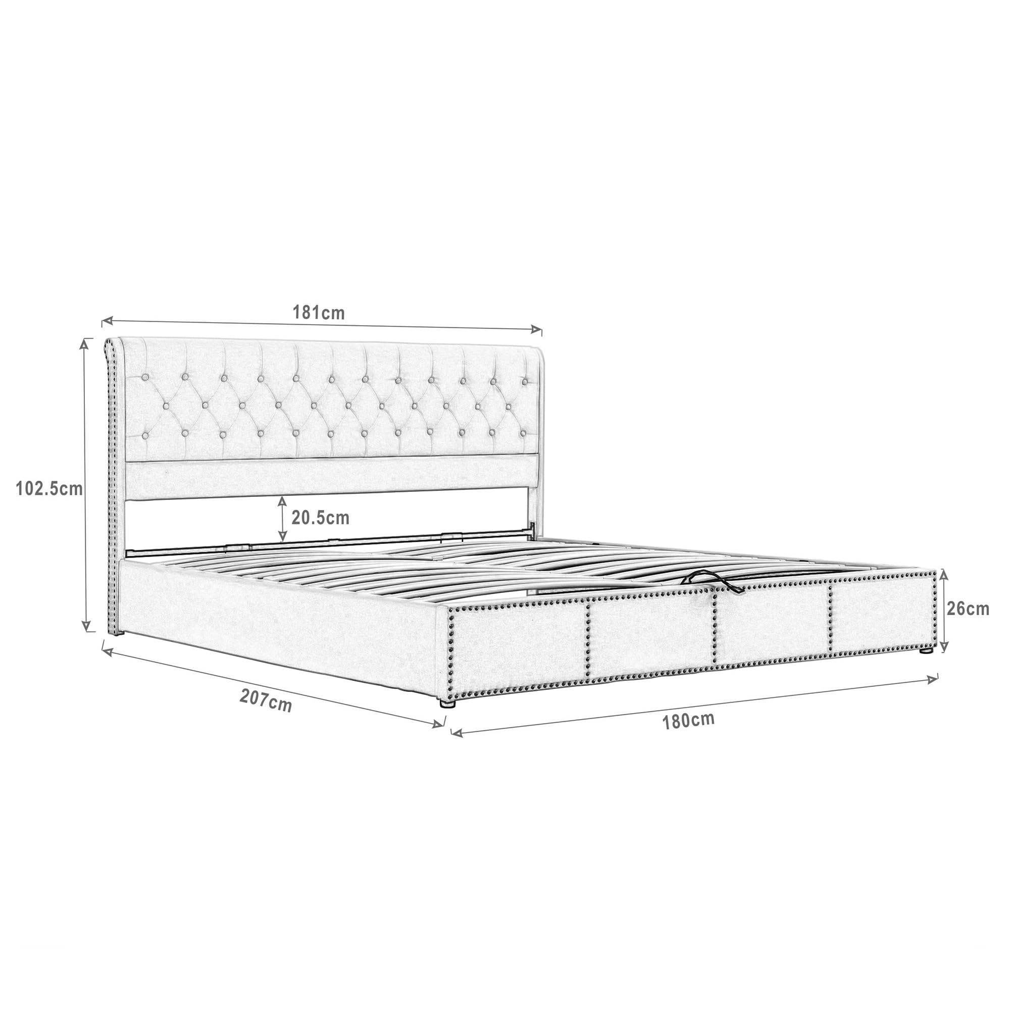Azkoeesy Cama Matrimonio tapizada 180 x 200 cm, con Somier y Espacio de almacenaje, Respaldo Suave, decoración de Rayas y Tachuelas, Funda de Terciopelo, Gris.