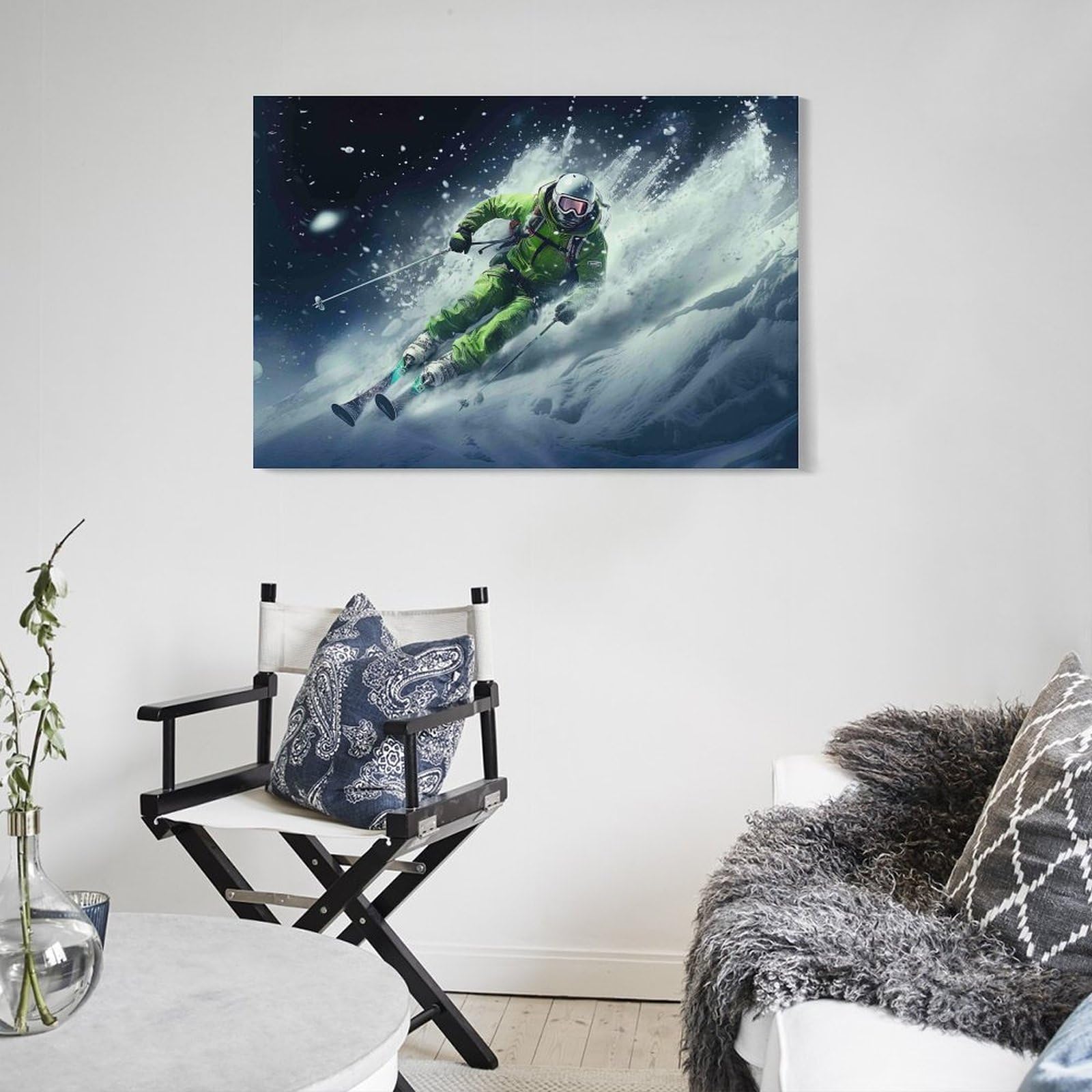 Sci Aventurista Azione Pezzo Singolo Green Gear Skier Rushing nevey Mountain Slope Arte Su Tela Per La Sala Da Pranzo Pronto Da Appendere Punto Focale Decorazione Per Interni Elegante 20x30inch(50x7