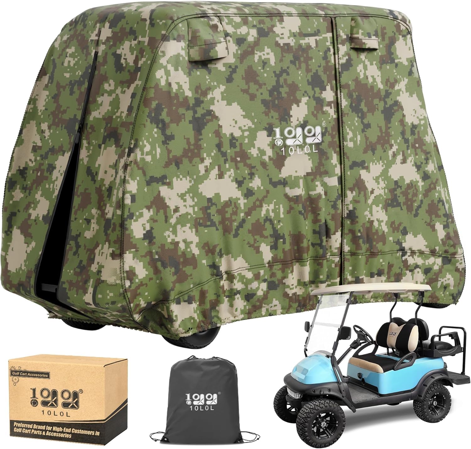 10L0L Housse de chariot de golf pour 4 + 2 passagers, convient pour Yamaha EZGO, Club Car, housse imperméable en polyester 420D avec trois portes à fermeture éclair, coupe-vent et solaire, camouflage