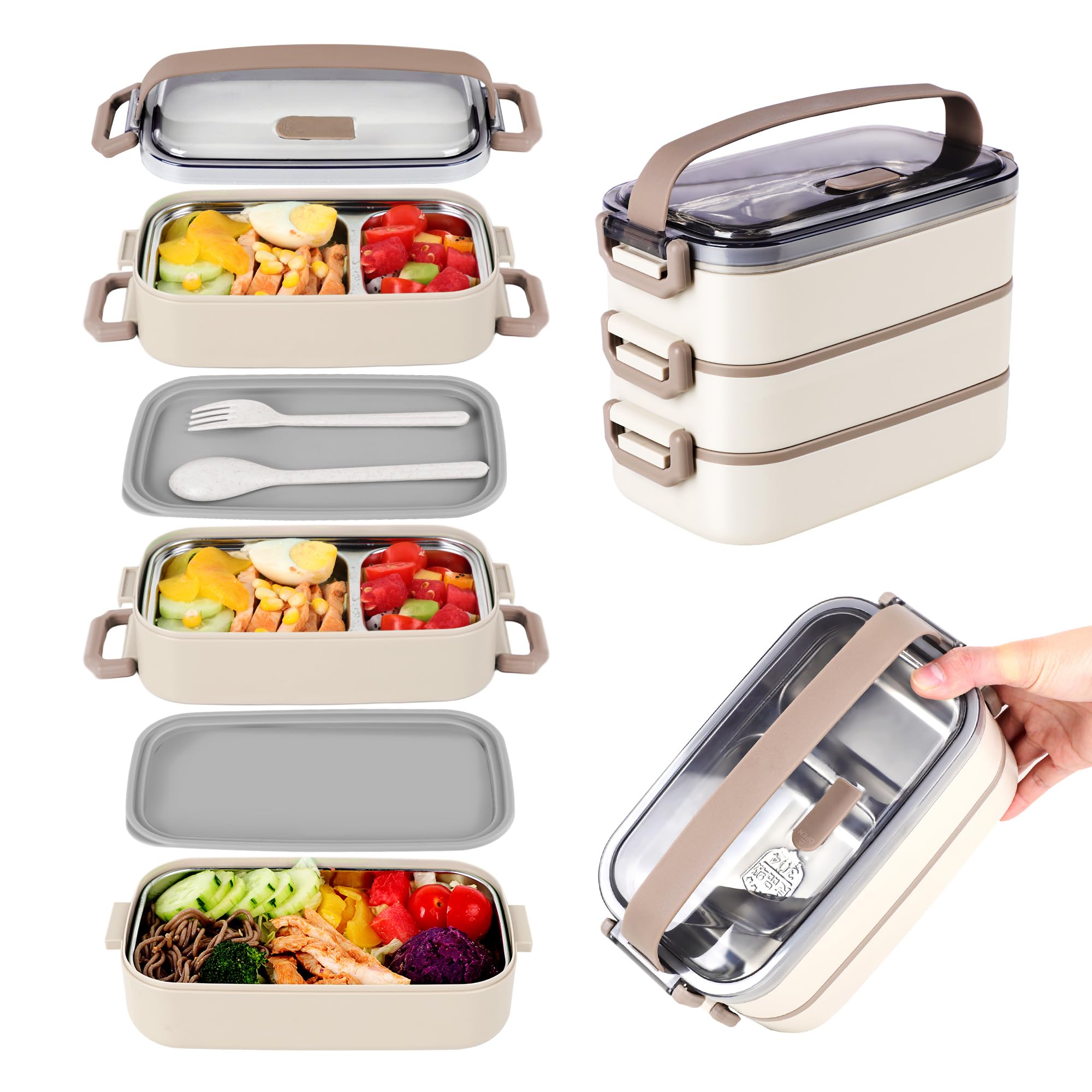 Bento-Lunchbox für Kinder, Damen, Herren, 1,3 l, 2 Fächer, Salat, Metall, Lebensmittelzubereitungsbehälter für Mittagessen, Edelstahl, 3 Schichten, stapelbar, Lunchbehälter mit Deckel, für Erwachsene