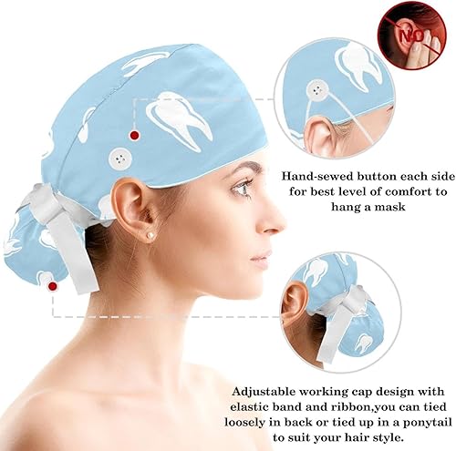 Miniatura 3 de Casquillo quirúrgico del patrón del diente de la estomotología con los botonesel pelo del arco Scrunchy para el pelo largo, color 9