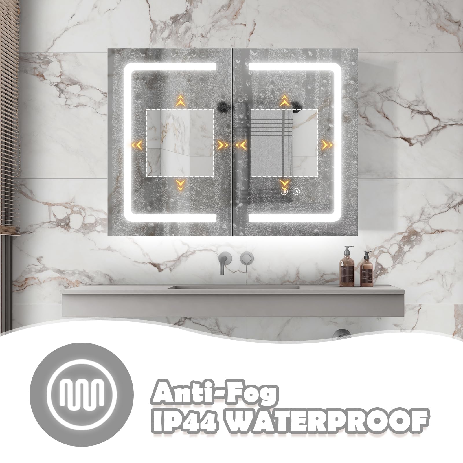 Specchio Bagno Contenitore con LED Luce e Presa Elettrica, 80x60 cm, Armadietto Specchio Bagno con Luce, Mensola Regolabile, 3 Temperature di Colore, Anti Appannamento, Dimmerabile