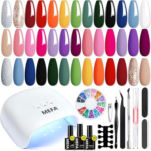 MEFA 34 Pcs Gel Nail Polish Kit with U V Light 48W, 20 Colors All Seasons Collection Pink Purple Gel Nail Polish Set with Base and Matte/Glossy Top Coat Nail Art Manicure Tools DIY Salon Home