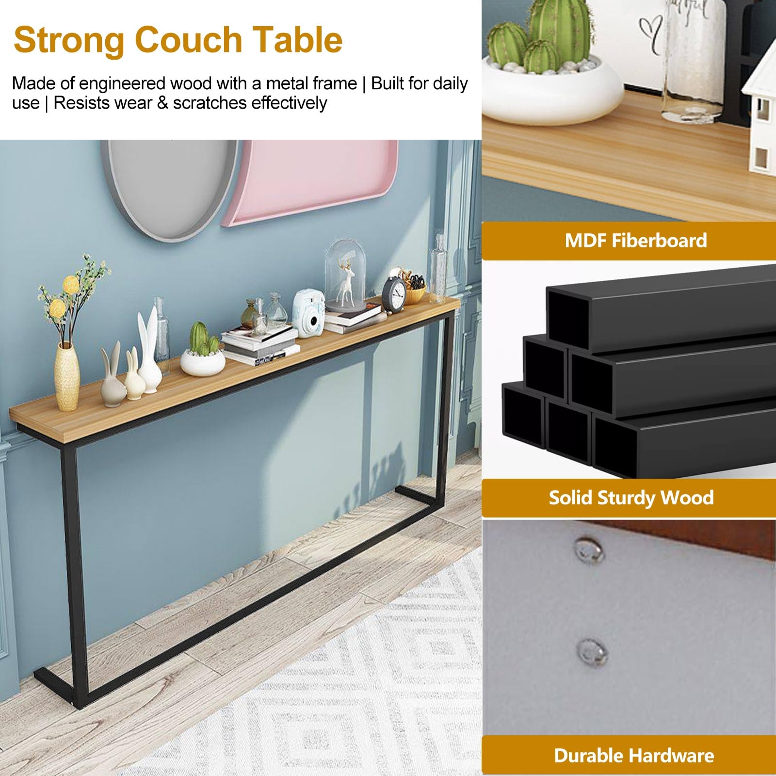 Mesa de sofá estrecha negra detrás del sofá, 47.2 pulgadas de largo x 5.9 pulgadas de ancho x 35.4 pulgadas de alto, mesa auxiliar delgada para cama/sala de estar, perfecta para llenar espacios vacíos