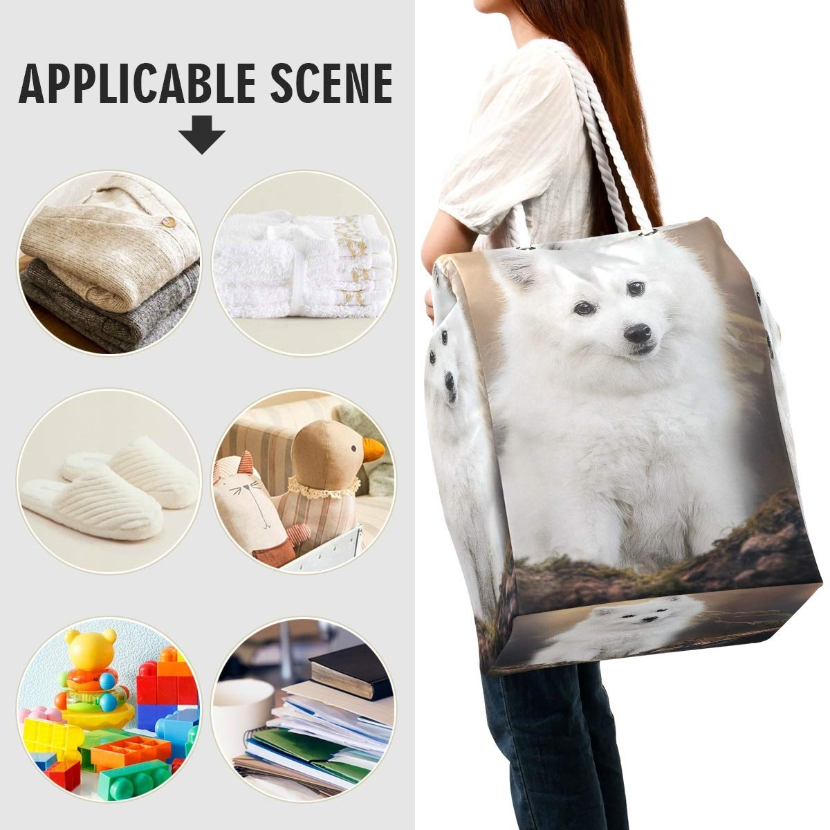White Pet Dog Spitz Animals - Bolsa de lavandería para la ropa sucia plegable con asas fáciles de transportar