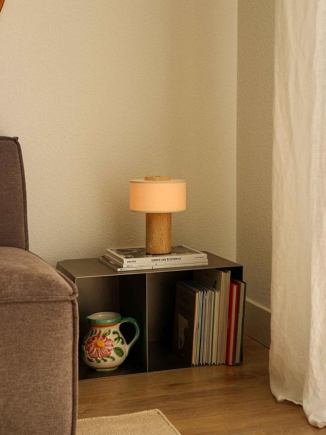 Marble Luxury Stone Rechargeable Touch Table Lamp, Travertine Marble Base, Linen Cloth Fiber Lampshade, High-End Cylinder Lamp for Bedroom (Black/White)