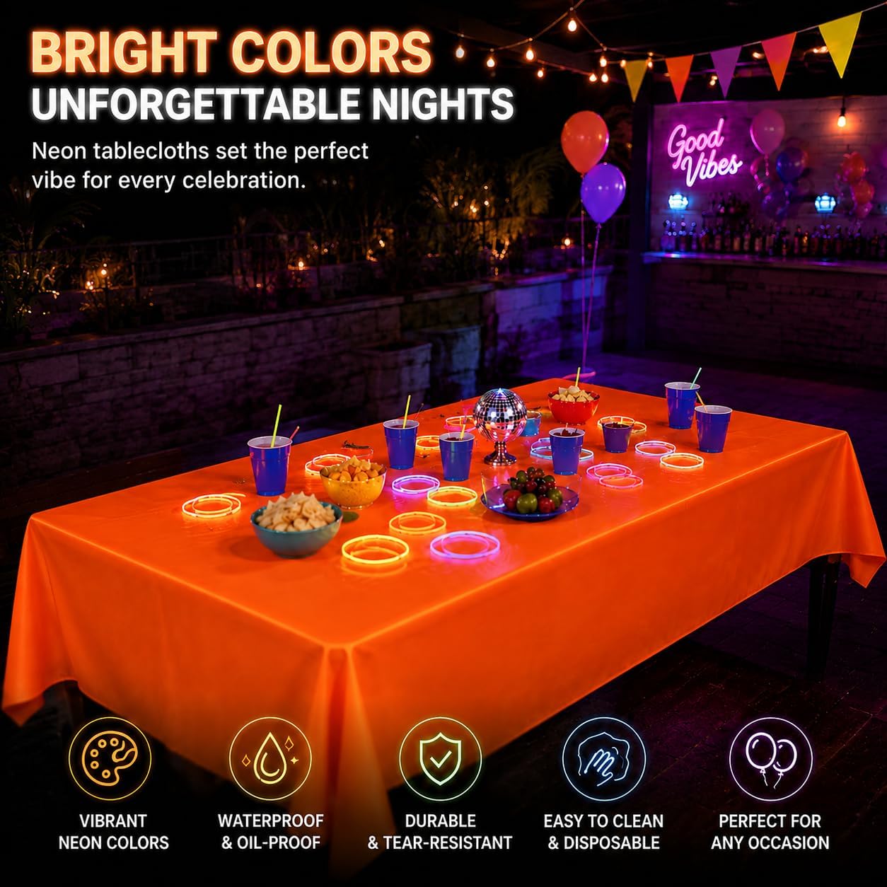 6 Pack Neon Table Cloths Party Decorations, Pink Orange Yellow Green Blue Purple Glow in The Dark Plastic Tablecloth, Disposable Rainbow Table Cover for Glow in Dark Neon Party Supplies