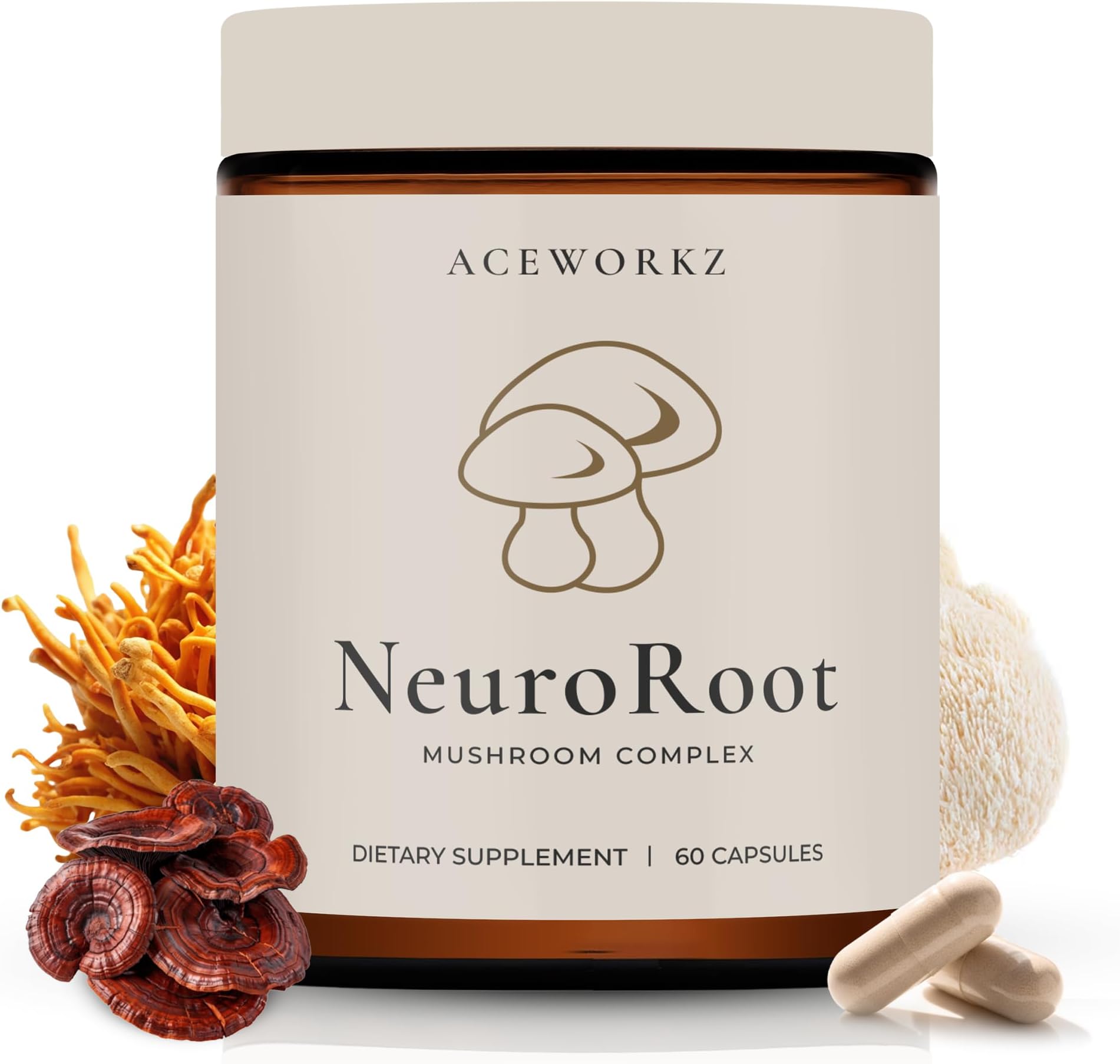 ACEWORKZ NeuroRoot - Mushroom Complex Supplement 14,500mg - Organic 10 Mushroom Blend – Brain, Memory, Focus & Immune Support - BioPerine® for Enhanced Absorption (60 Capsules)