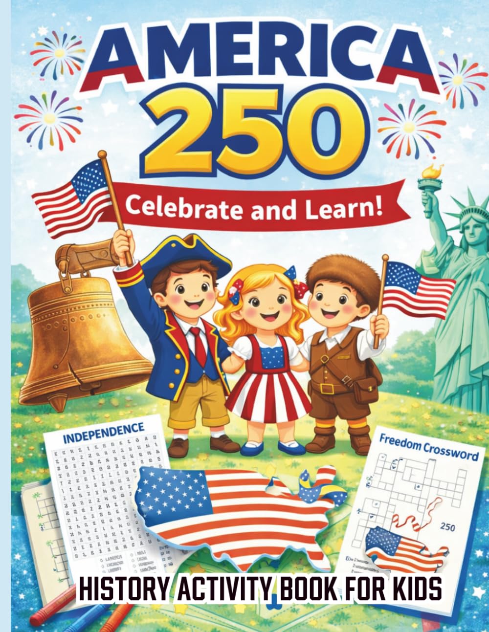 America 250: History Activity Book for Kids Ages 5–10: Includes Coloring Pages, Mazes, Word Searches, and Crossword Puzzles Inspired by U.S. History