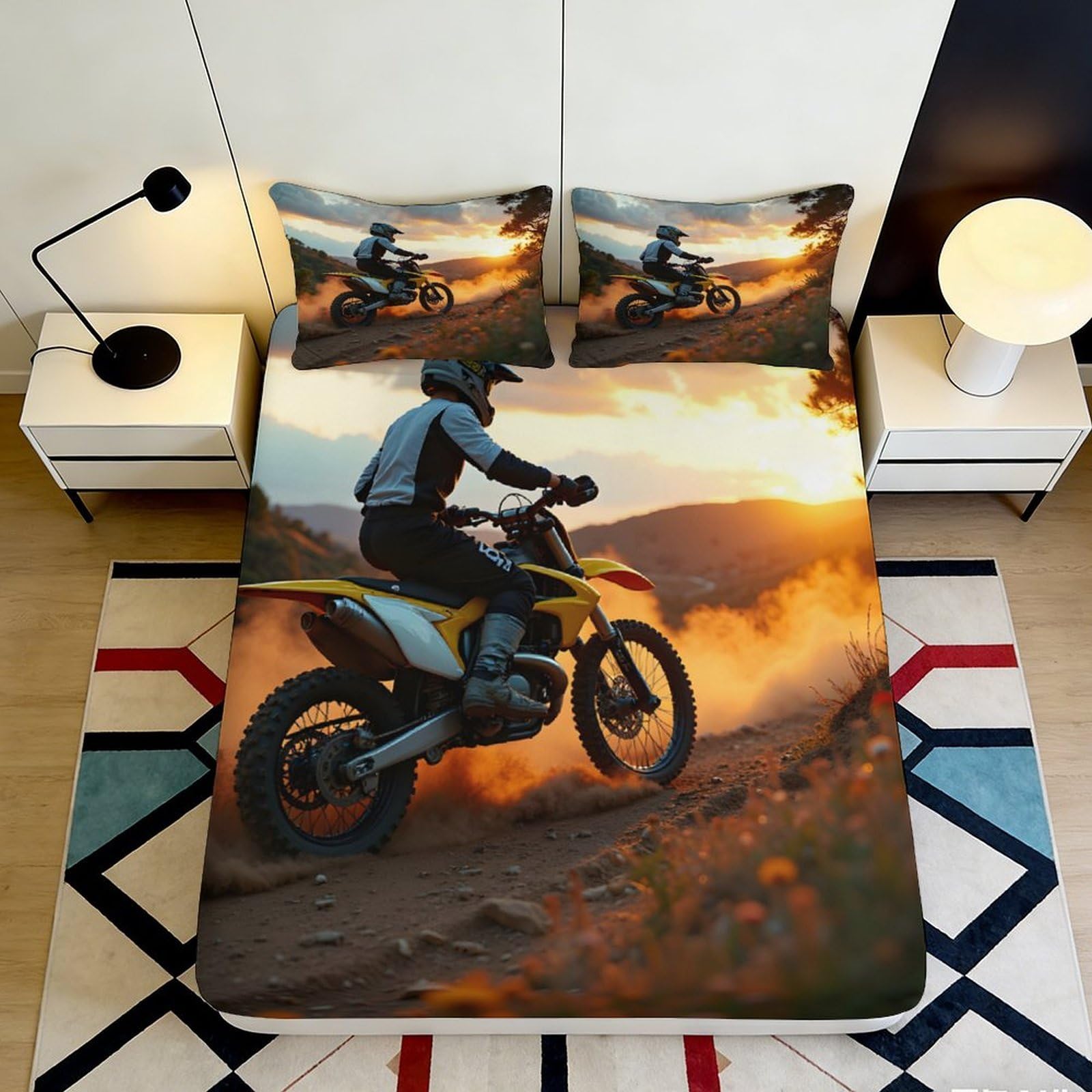3D Printed Motocross Sunset Fitted Sheet Microfiber Soft Dirt Bike Art Mattress Cover for Bedroom Dorm Decor 90x200x25cm