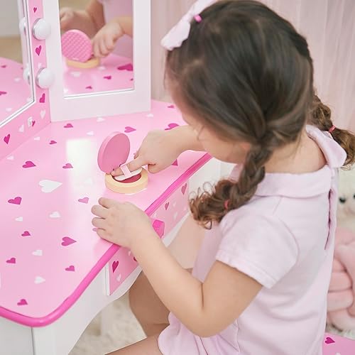 Miniatura 5 de Teamson Kids Juego de tocador para niñas con luces LED, espejo de tres pliegues, taburete y cajón, mesa de maquillaje para niños pequeños, diseño de
