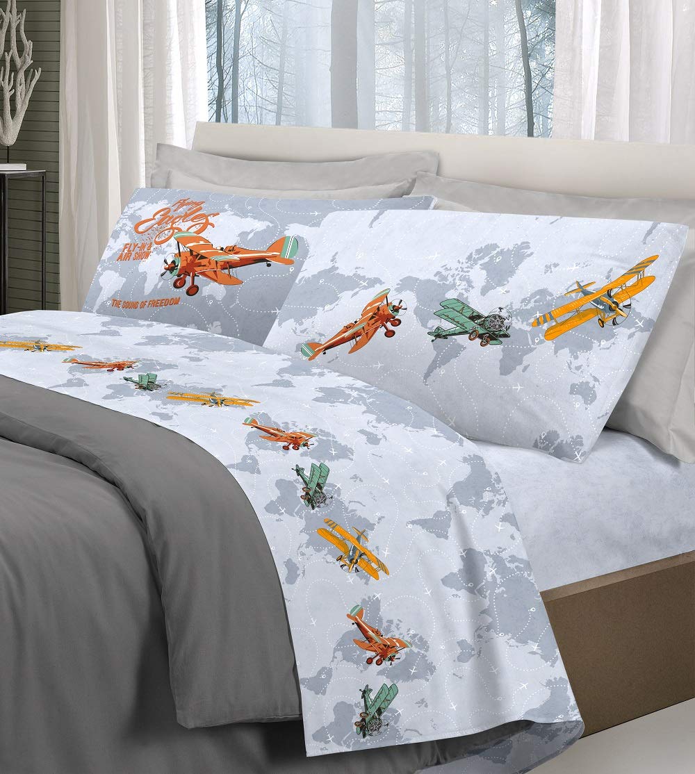 IlGruppone Completo Letto con Stampa Fotografica 100% Cotone 3 Misure parure Linea Aerei - Grigio - Matrimoniale