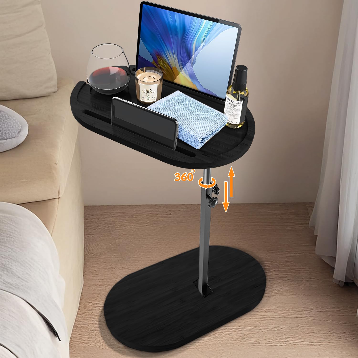 Lighterday C Shaped Side Table,Height-Adjustable, 360° Rotating Bamboo Sofa Table,Made of Wood and Metal,Suitable for Living Room,Bathroom,Bed and Sofa(Black)