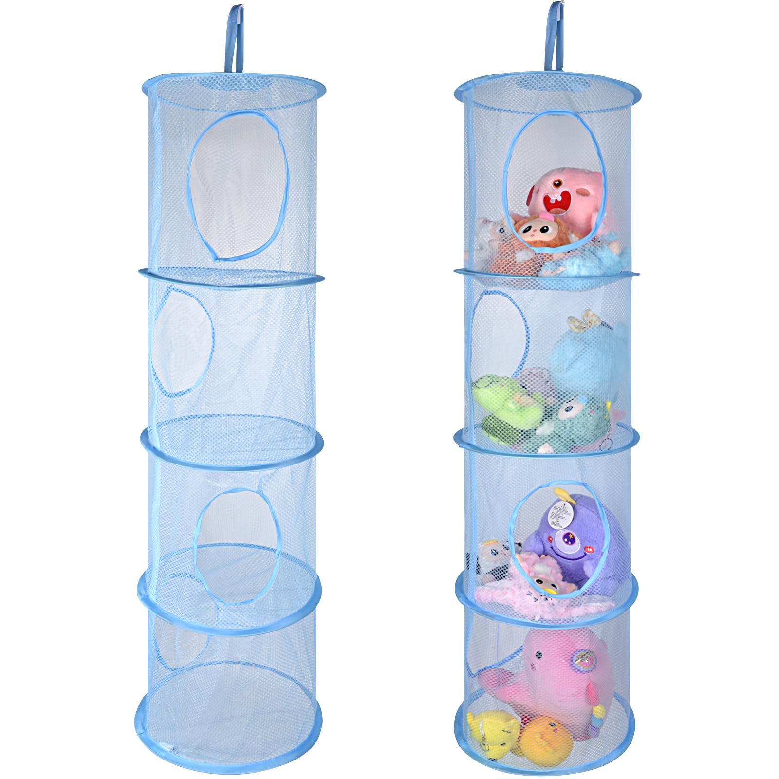 ChezMax Hanging Mesh Stuffed Animal Storage - 4 Tiers 2 Pack Large Stuffed Animal Net Organizer, Foldable Space Saver Bags Plushie Basket Organization