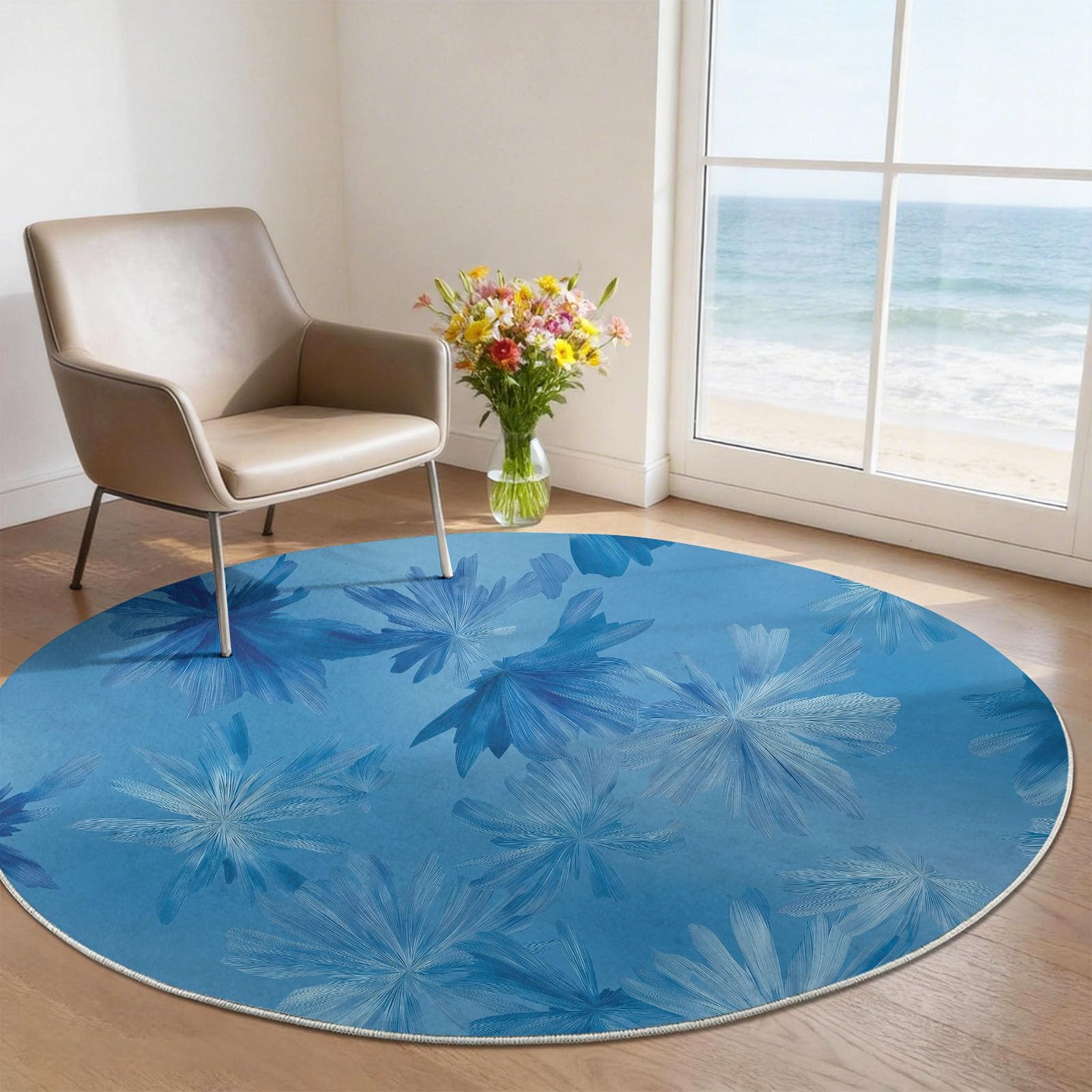 Générique 100 cm Tapis Rond Salon Doux Antidérapant, Bleu Abstrait Fleurs Étoile Doux Lavable en Machine Fin Romantique Moderne Tapis pour Chambre, Salle à Manger, Chambre d’Enfant, Coin Lecture