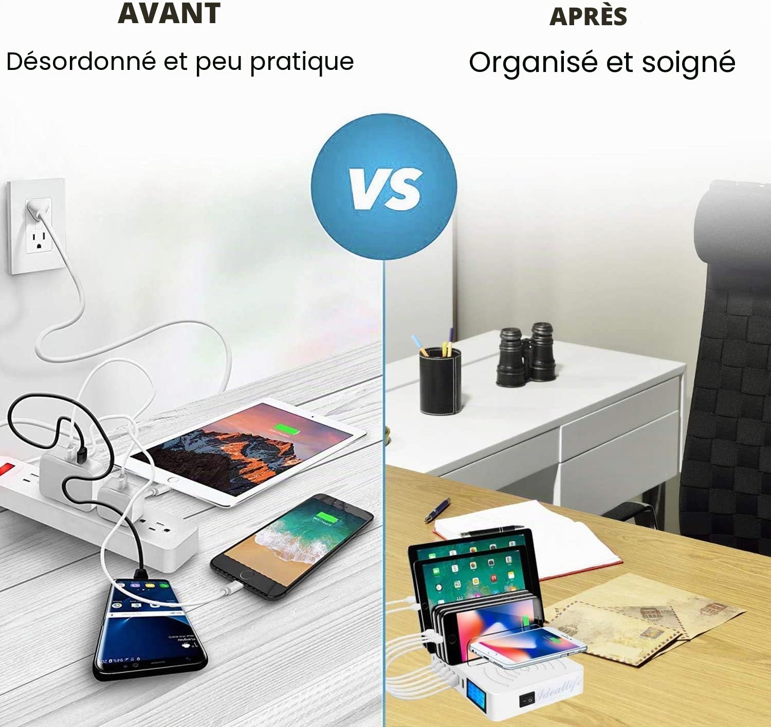 Organisateur de Station Appareils sans Fil à 8 Ports pour Plusieurs appareils, Station de Chargement pour Multi-Appareils, Compatible avec téléphones, tablettes et Autres appareils