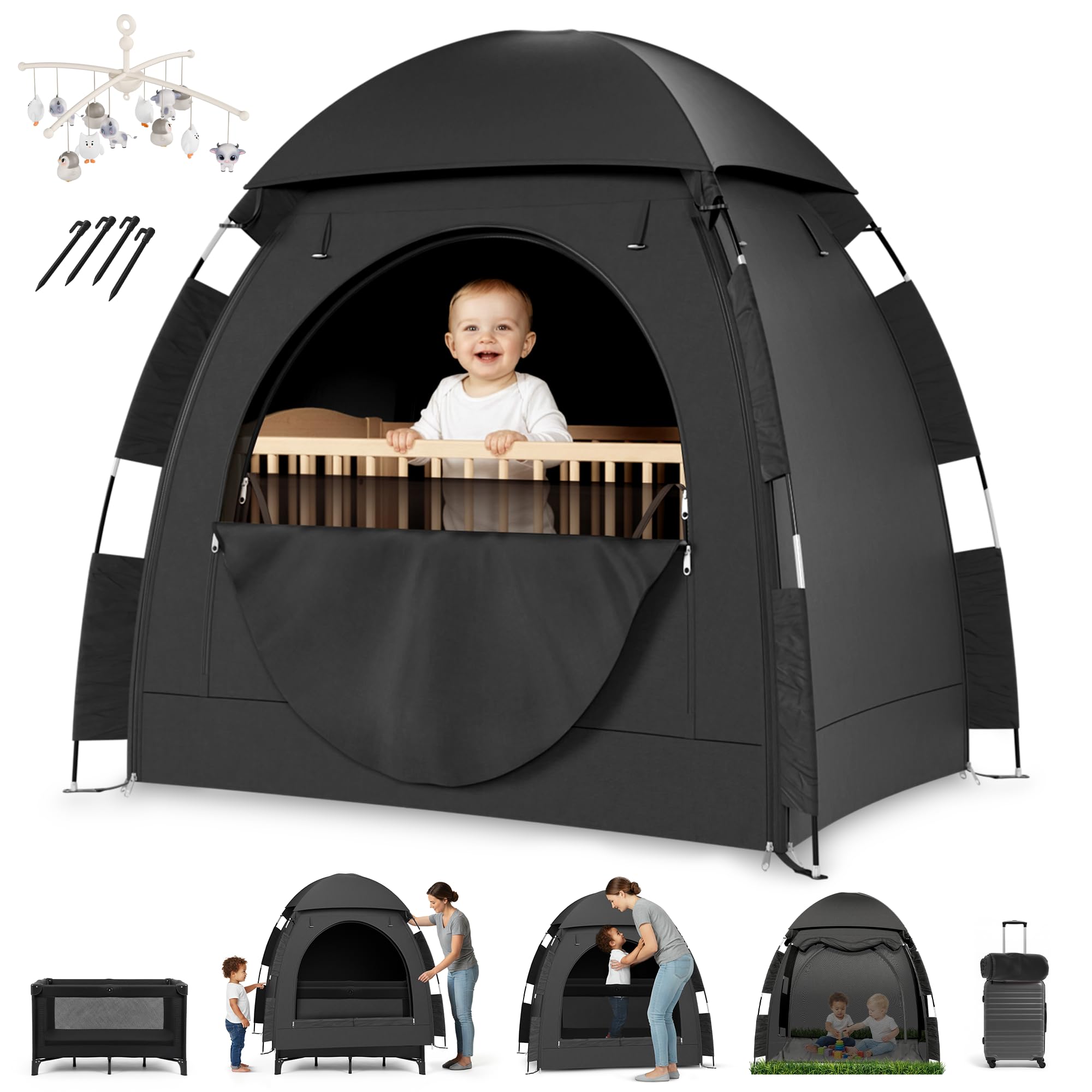 YoungMinds Blackout Baby Crib Tent - Waterproof Sleep Pod Fits for Travel Pack and Play, Milk Silk Fabric, Kids Black Out Cover Mosquito Net Tent with Toy Holder, Pack N Play Canopy Blocks Light