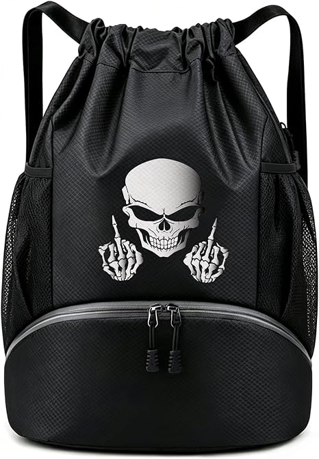 Skull Middle Finger Sports Drawstring Backpack with Shoe Compartment Black Pull String Bag for Soccer Basketball Water-Resistant Swim Gym Bag for Men and Women Large Capacity Beach Cinch Backpack