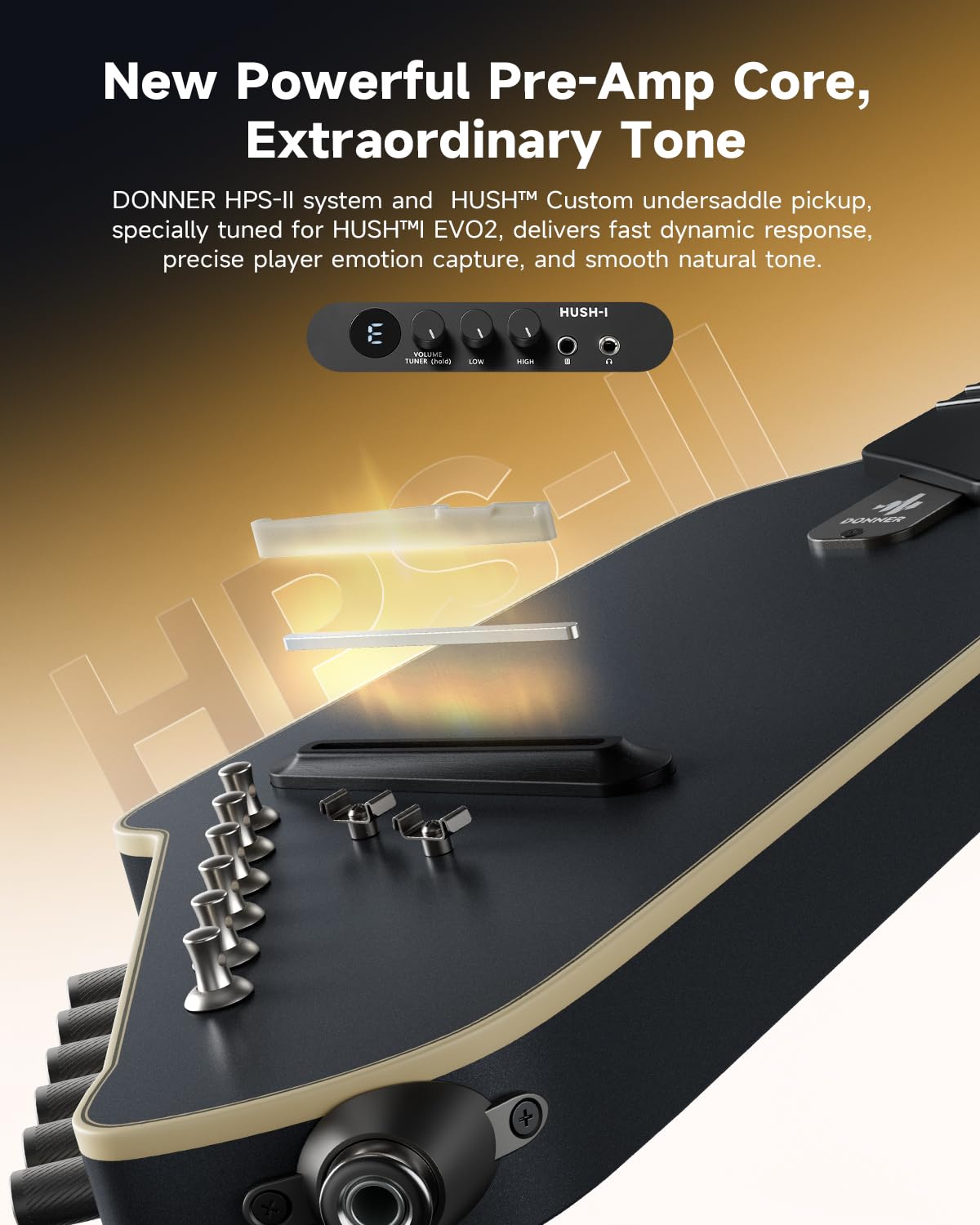 Donner HUSH I EVO2 Chitarra Acustica-Elettrica da Viaggio, Ultra-Leggera, Senza Paletta, con Accordatore Integrato, Supporti Rimovibili e Uscita Cuffie – Nero