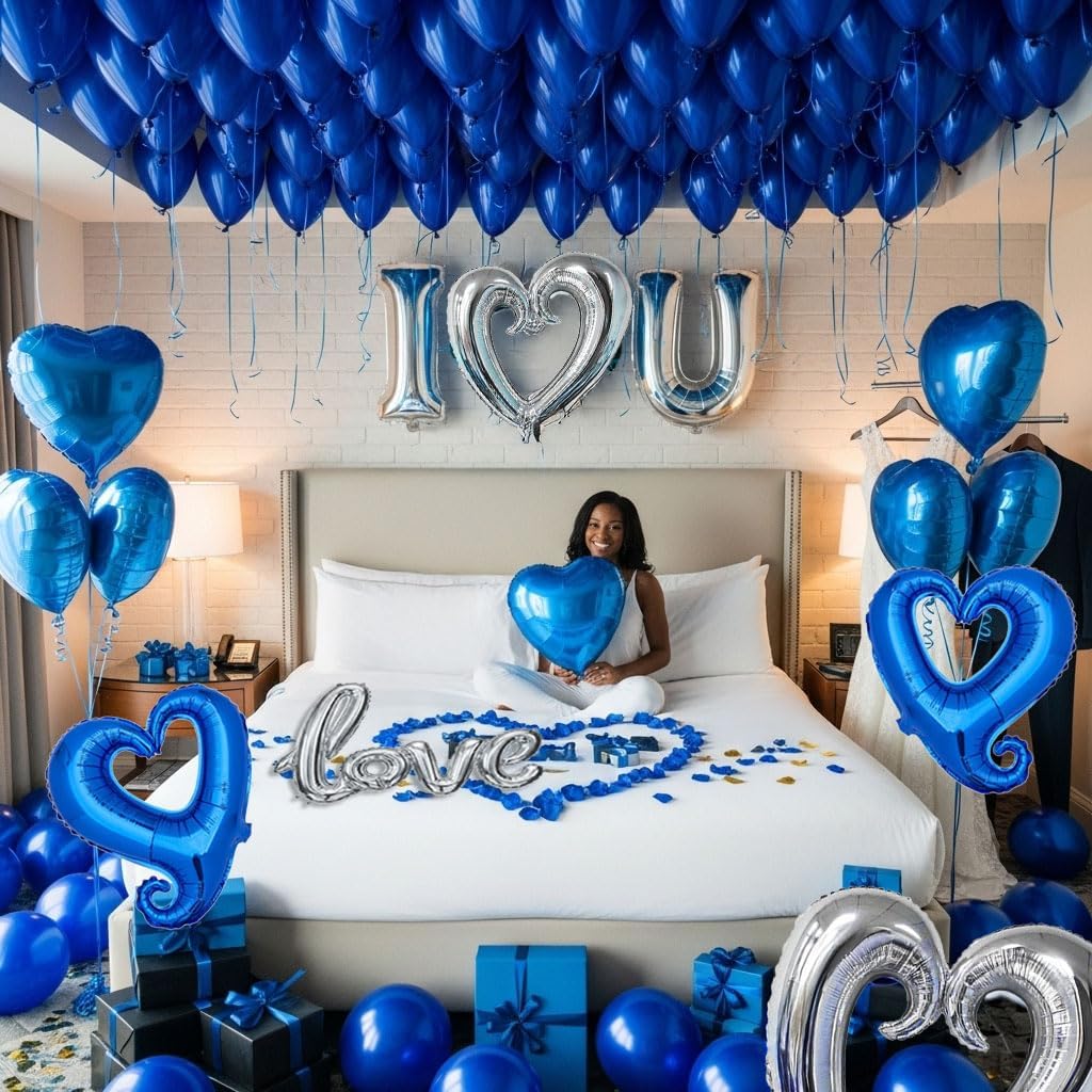 I Love You Balloons for Him/Her Balloons Royal Blue Sliver romantic balloon kit with blue heart mylar balloons blue rose petals for hotel Decorations Valentines Party wedding anniversary supplies - Image 8