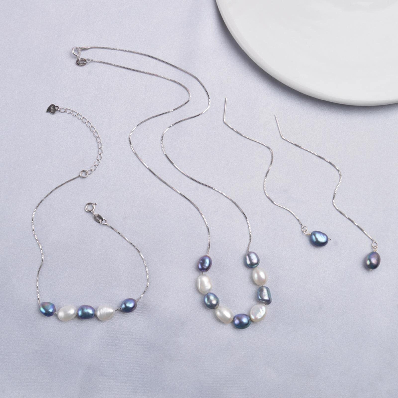 925 Sterling Silber Schmuck Sets Echt Barock Süßwasserperlen Halskette Ohrringe Armband Für Frauen Neu 45cm