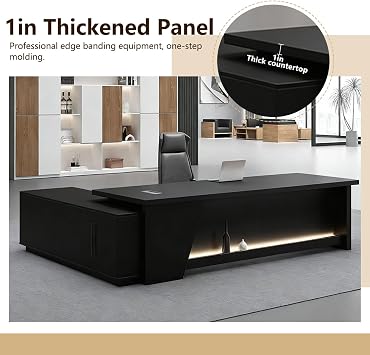 Modern Executive Desk with Storage Cabinet, L-Shaped Office Desk with LED Lighting, Large Computer Desk for Home Office, Reception Desk, Workstation Furniture