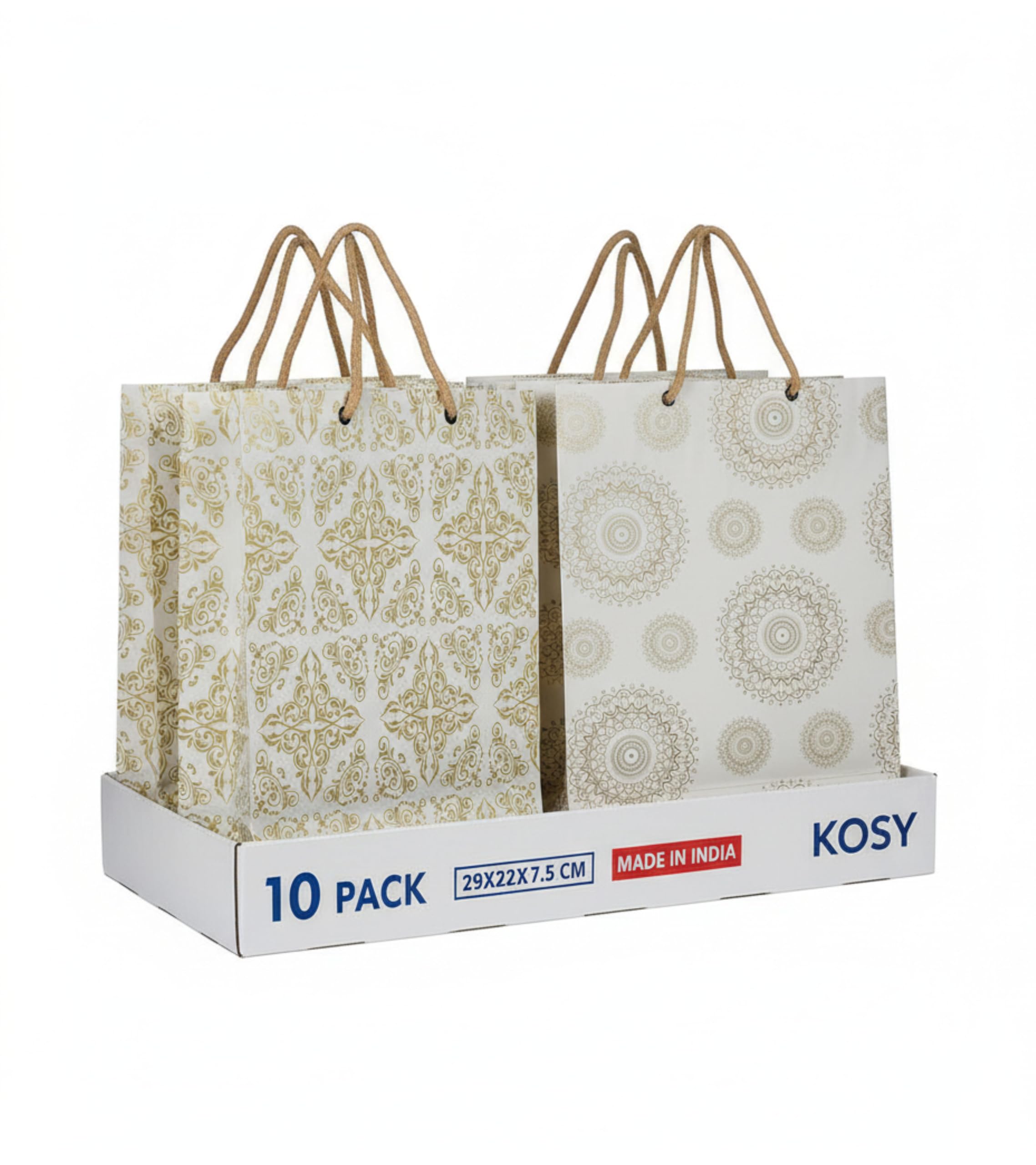 kosy pack of 10 medium paper bags – 29x7.5x22 cm eco-friendly, recyclable, sturdy & versatile for shopping, gifts, and packaging. (golden mix)