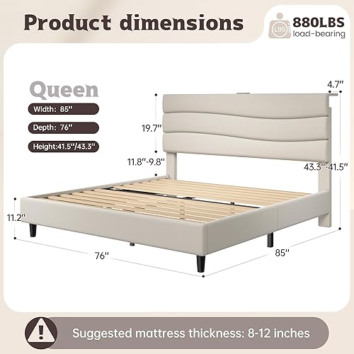 Miniatura 2 de EnHomee Base de cama tamaño Queen, base de cama Queen tapizada con estaciones de carga, cabecera de almacenamiento ajustable, dormitorio,