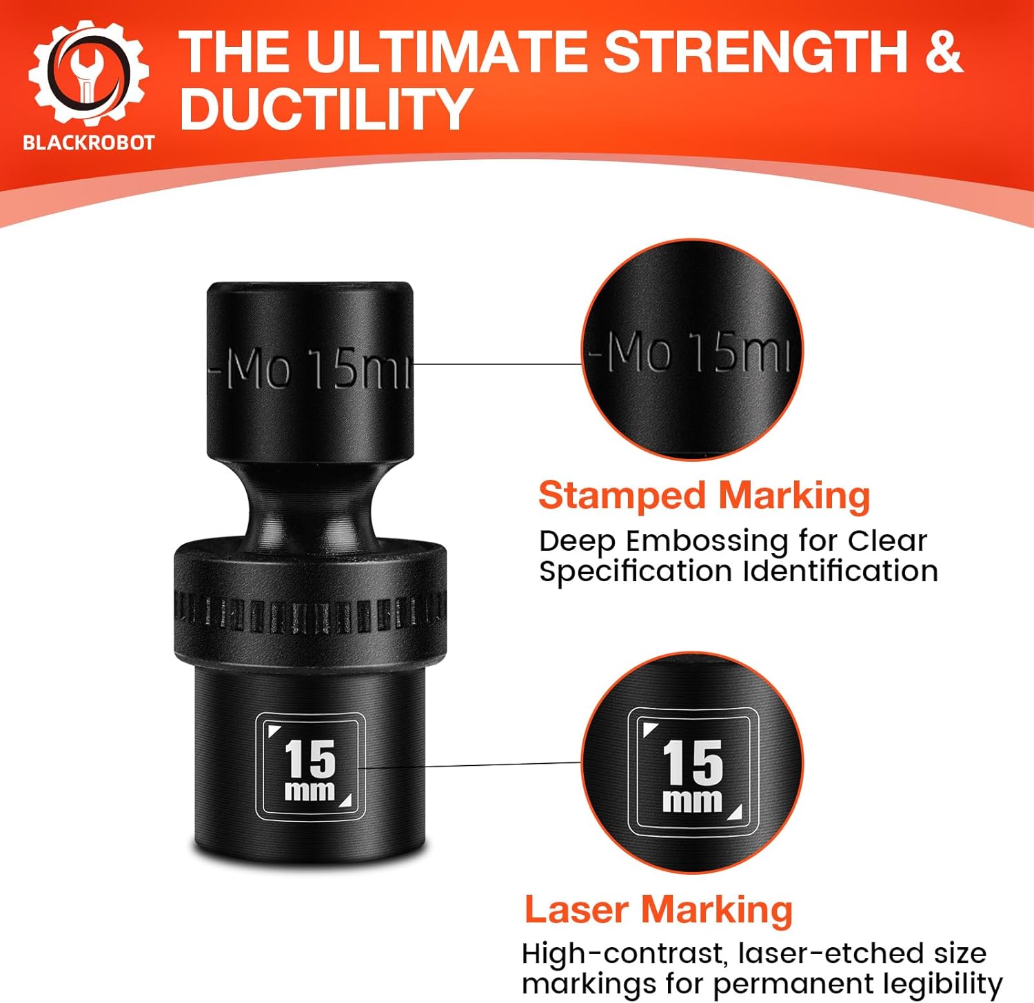 BLACKROBOT 3/8" Drive Shallow Universal Impact Socket Set, 12PCS 6 Point Metric Swivel Socket set(10-22mm), CR-MO Steel, Includes Storage Rail