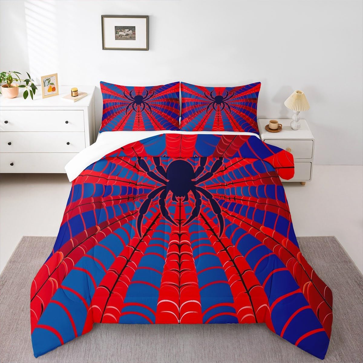 Spider Web Kids Comforter Set King Size,Black Spider Arachnid Insect Animals Bedding Set,Boys Girls Women Men Room Decor,Western Halloween Down Comforter,Red Blue Chic Duvet Insert,2 Pillowcases