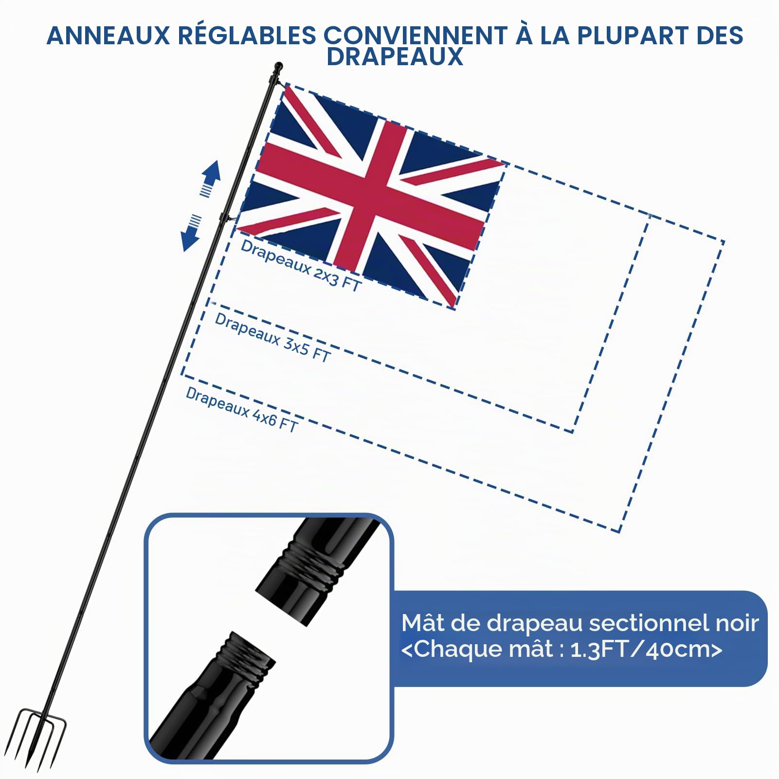 ZMTECH Mât de drapeau de 3 m pour jardin, mât robuste de 300 cm avec support à 5 griffes, kit de mât de drapeau extra épais pour extérieur (noir, sans drapeau)